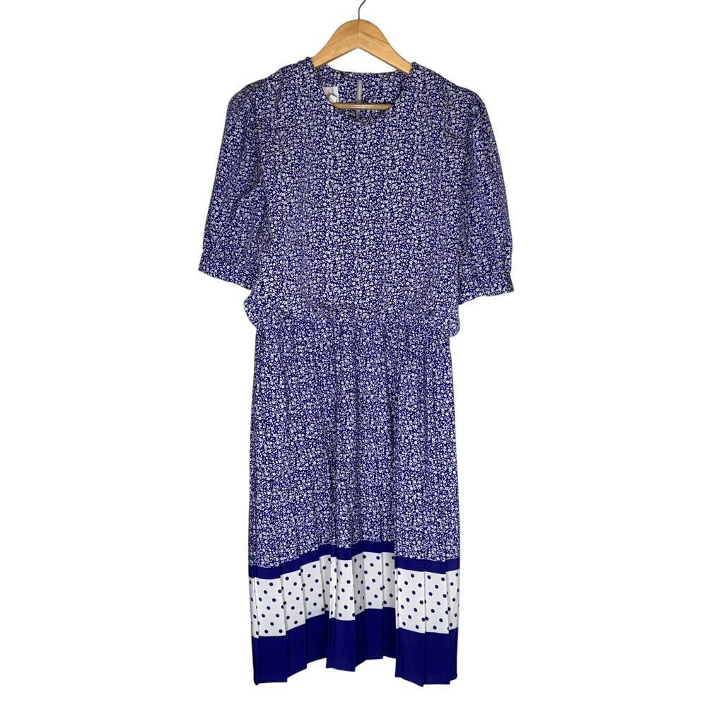 Vintage 80s Pleated Secretary Dress Sz 10 Midi Purple Floral Retro Short Sleeve - Picture 3 of 10